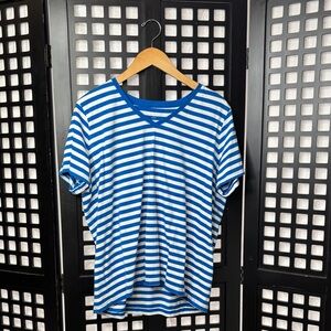 💙 Lands End Blue White Striped V-Neck Tee Women's size XL 18 Cotton 💙